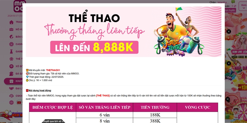 Khuyến Mãi MMOO - Tổng Hợp Các Sự Kiện Ưu Đãi HOT Nhất 6 Khuyến mãi MMOO thắng cược thể thao thưởng 8,888K